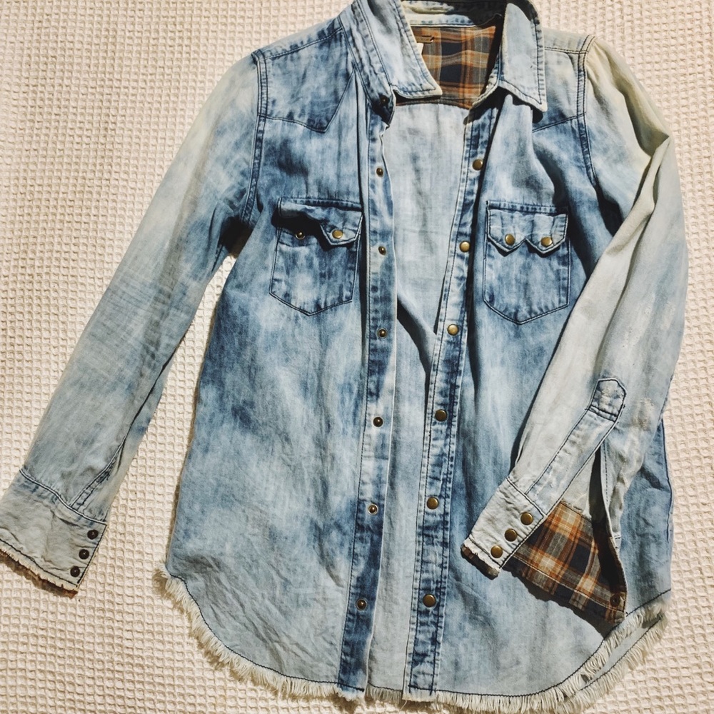 Free People Distressed Denim Button Down Top